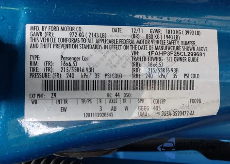 2012 Ford Focus Se z USA, uszkodzony, nr VIN 1FAHP3F25CL299681